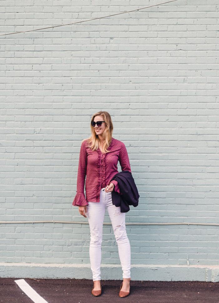 The Frill Of It All // fluted bell sleeves + white skinnies = the perfect fall outfit // www.thehiveblog