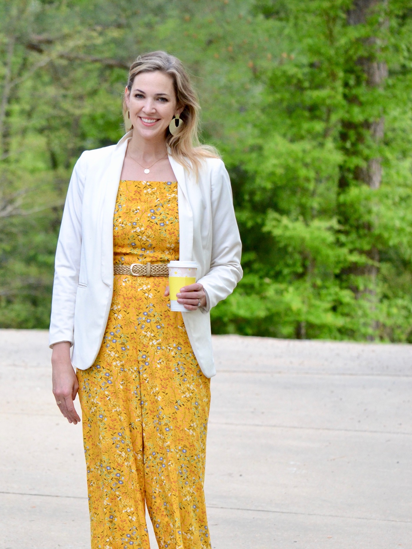 Yellow Old Navy Jumpsuit + White Blazer and Gold Mules