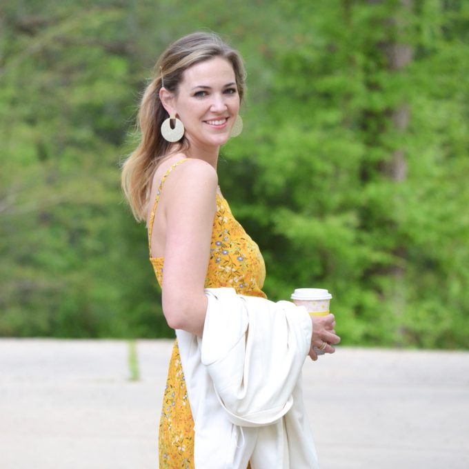Yellow Old Navy Jumpsuit + White Blazer and Gold Mules