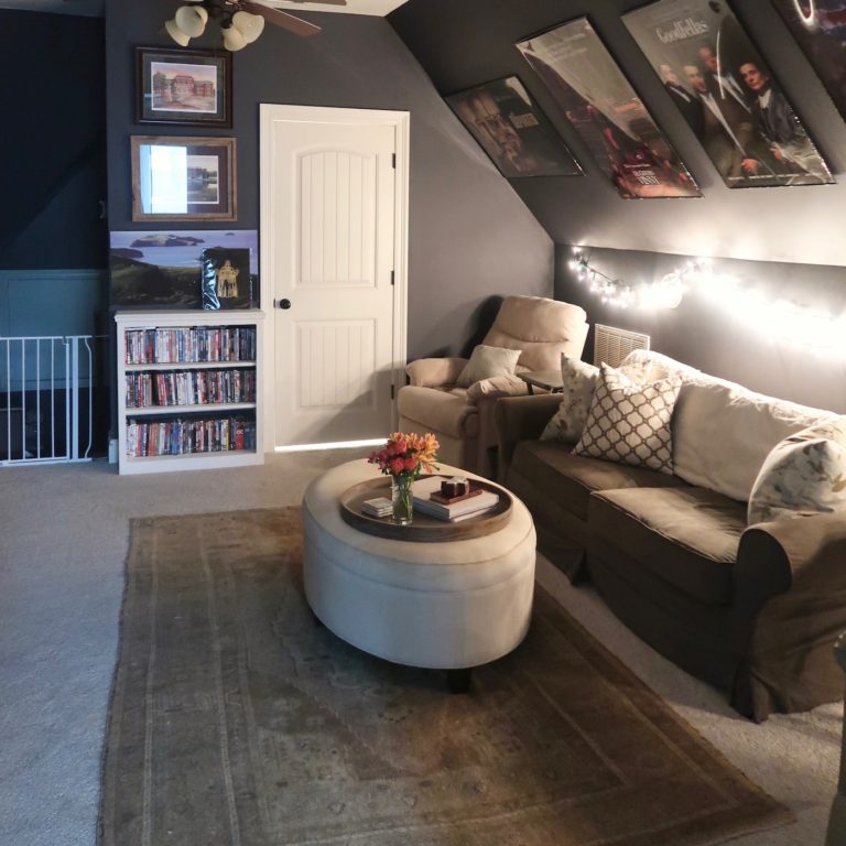 Upstairs bonus room renovated into movie room, guest room, and bathroom // www.thehiveblog.com