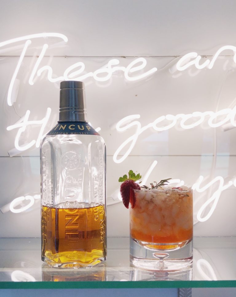 Tin Cup Old Fashioned with strawberries and rosemary