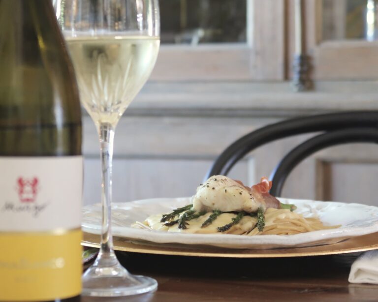 Prosciutto-Wrapped U.S. Catfish with asparagus and Alfredo pasta. So good!