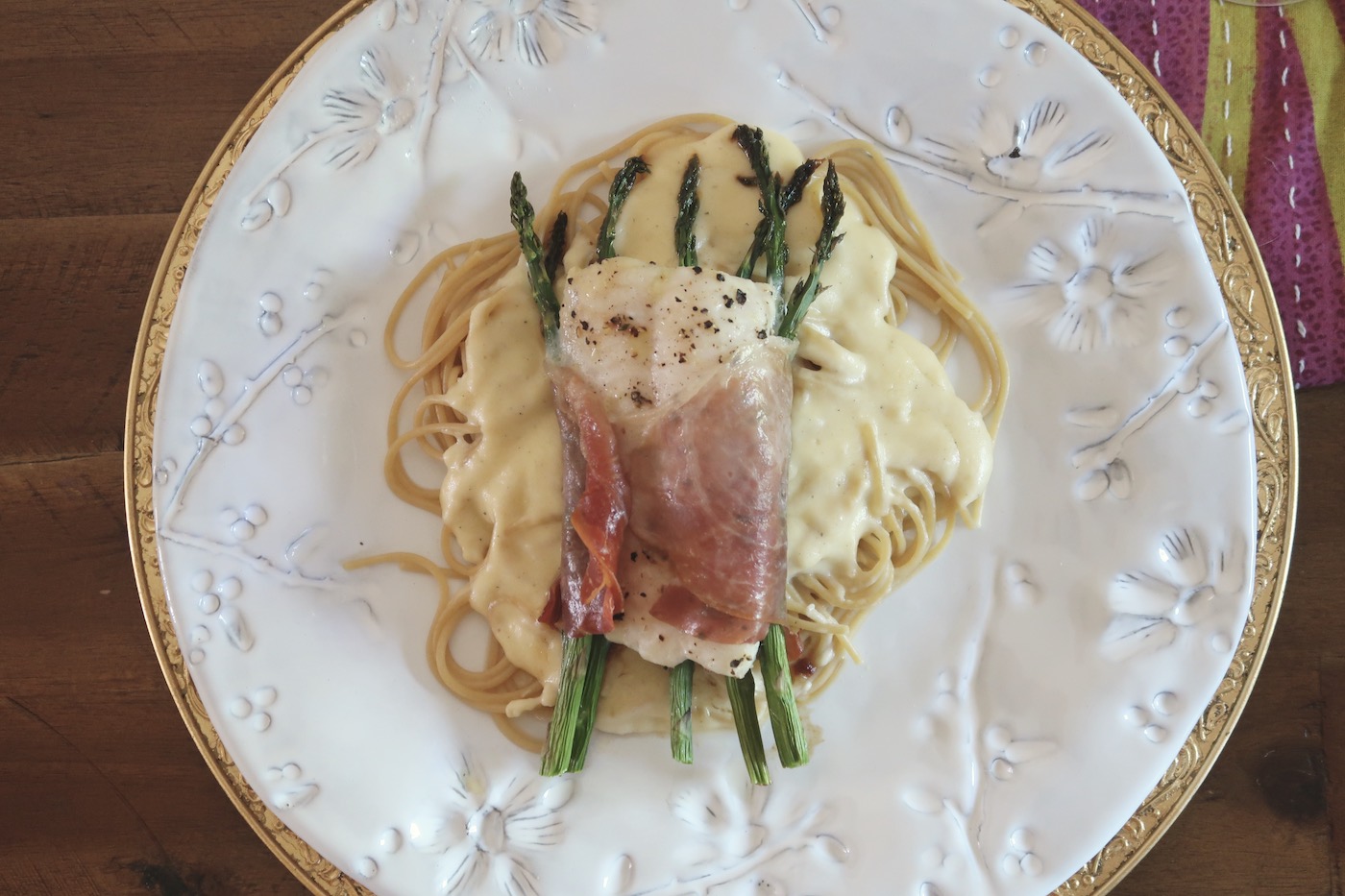 Prosciutto-Wrapped U.S. Catfish with asparagus and Alfredo pasta. So good!