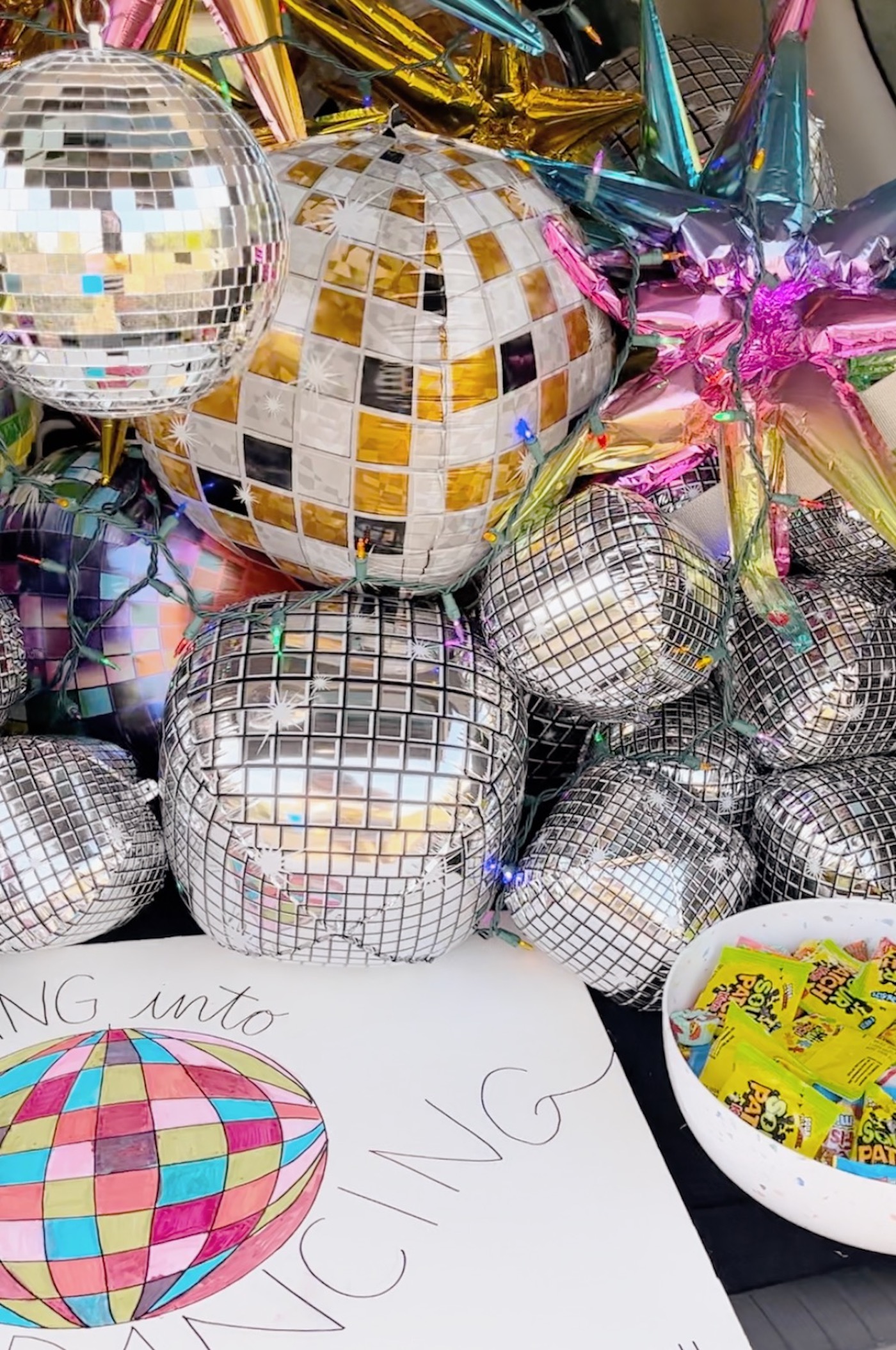 Trunk or treat idea // disco balls // "he turns my mourning into dancing." psalm 30:11